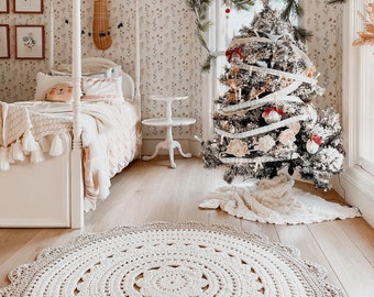 Christmas Decor Handmade Crochet Doily Mandala Round Neutral Decor Cream Rug, Tapis Boho Hippie Shabby Chic, Country Rustic Floor Decor