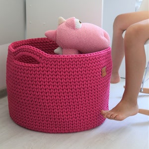Handmade Medium Large Fuchsia Cotton Standing Basket with handles for Nursery/ Basket/Baskets/ Crochet Organizer/ Storage Basket image 5