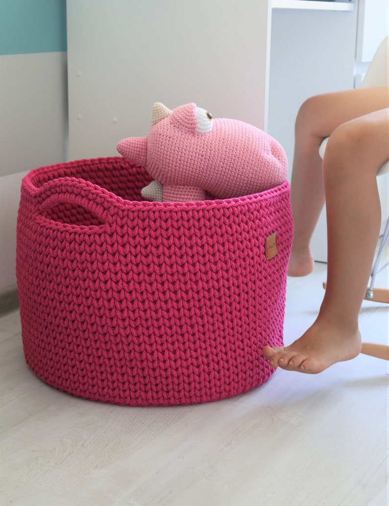 Handmade Medium Large Fuchsia Cotton Standing Basket with handles for Nursery/ Basket/Baskets/ Crochet Organizer/ Storage Basket image 5
