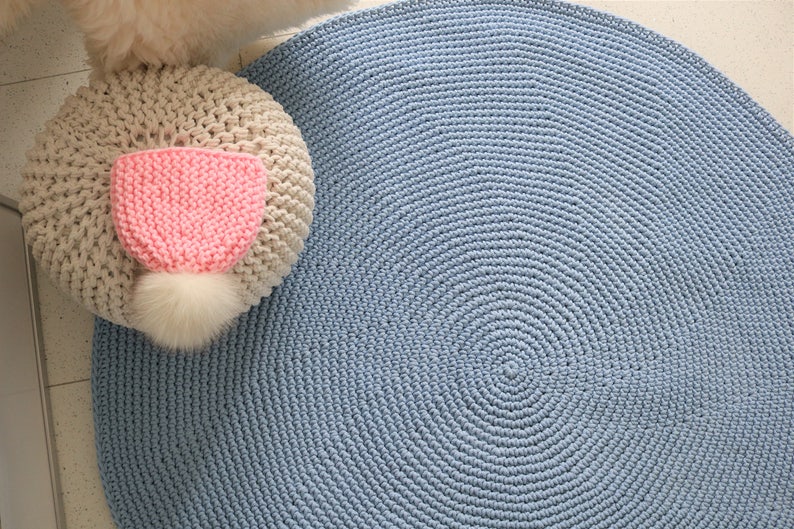 Handmade Blue Round Simple Modern Nursery Crochet Rug - Etsy