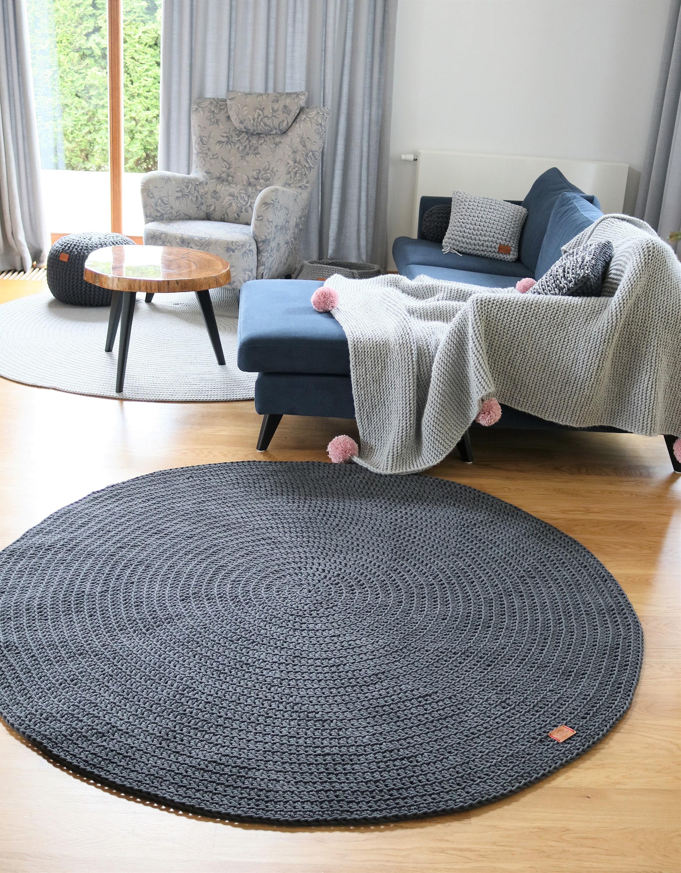 Handmade Gray Mustard round rug Round area rug Nursery Rug