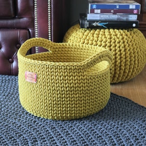 Handmade Medium Large Small Mustard Yellow Cotton Standing Basket with handles/ Basket/Baskets/ Crochet Organizer/ Storage Basket
