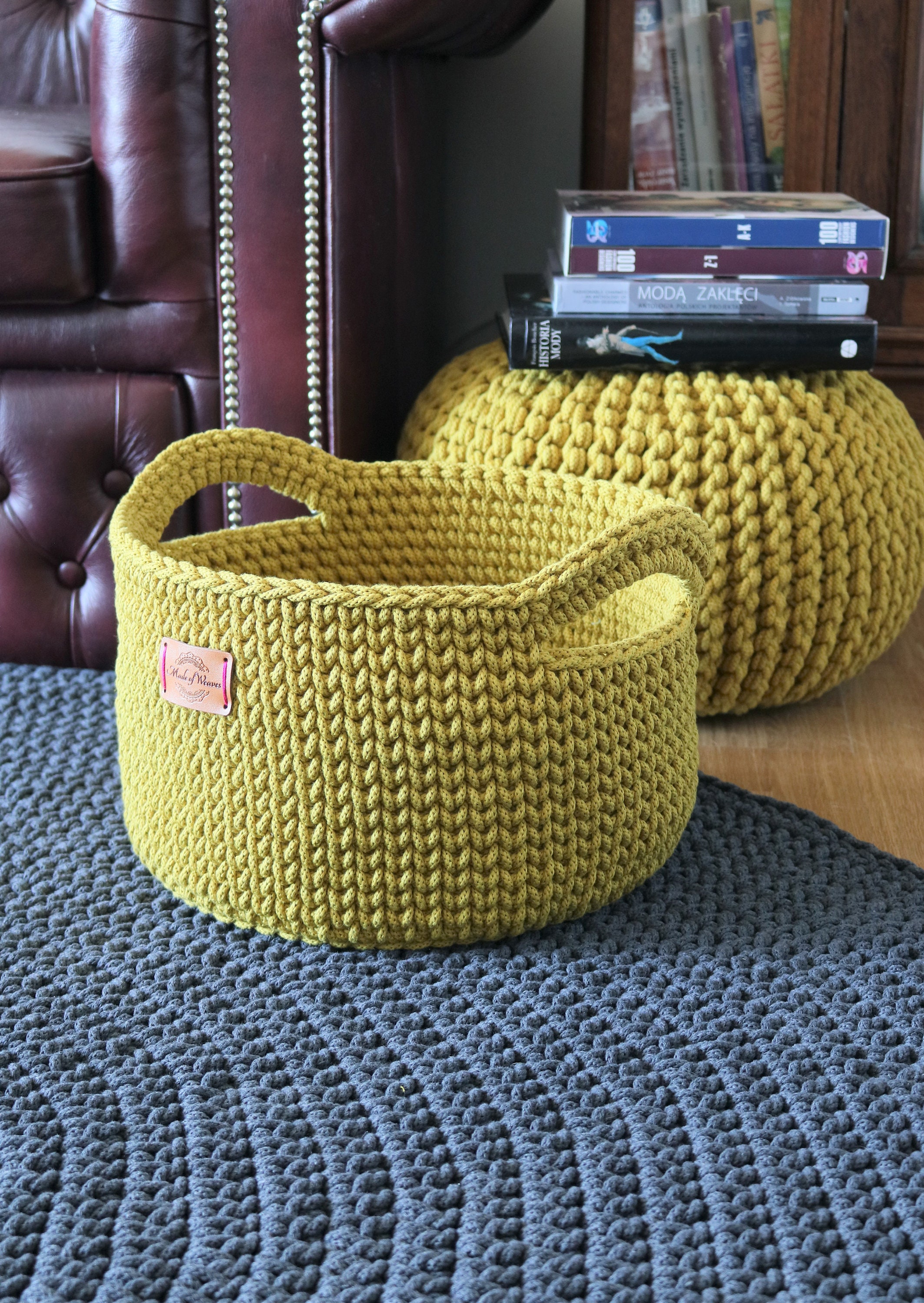 Panier Debout en Coton Jaune Moutarde de Taille Moyenne Grande Fait à La Main avec Poignées/Panier P