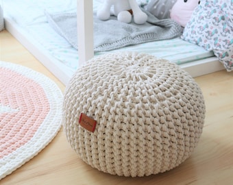 Cream Footstool Ottoman, Cotton Knitted pouf, knit pouffe round knit pouf poof, knitted pouf, ottoman poof, big knit pouffe nursery pouffe