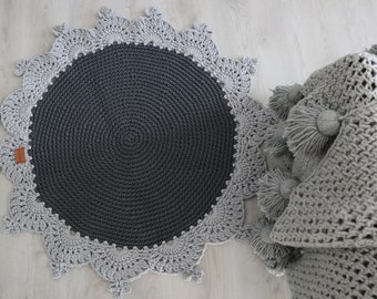 Rug For Living Room, Handmade Chunky Gray Round Scandi Pastel Decor Nursery Crochet Rug with Doily Petals, Washable Natural Cotton Boho Rug
