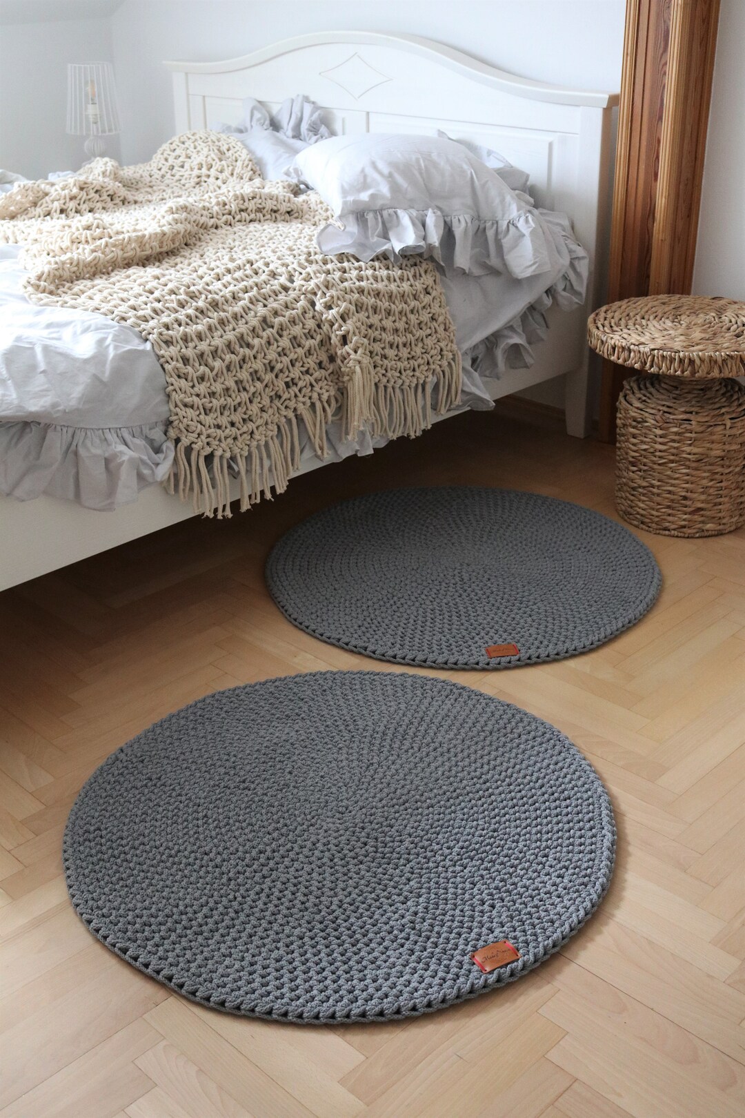 Handmade Crochet Natural Minimalist Decor Grey Cotton Round Rug Dark ...