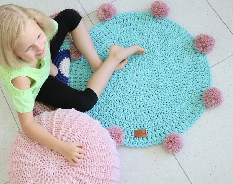 Play Mat Pom Pom Round Mint Pink Rug Mat Bohemian Crochet Etsy Play Mat Pom Pom Round Mint Pink Rug Mat Bohemian Crochet Etsy