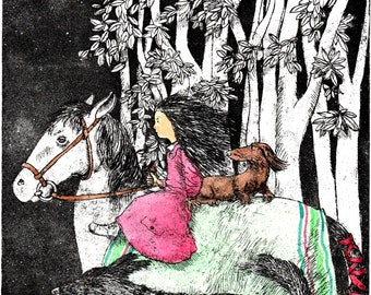 original etching Into The Night Limited edition hand coloured with watercolour