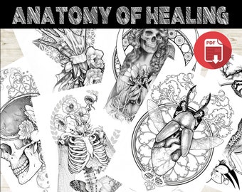 May include: A set of printable colouring pages featuring intricate black and white illustrations of various anatomical and nature-inspired designs. The designs include a skull with flowers, a ribcage with a butterfly, a beetle with wings, and a woman with a skull head.