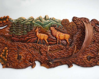 Wall art decoration panel, Hanger, Wood carving decor, Hand relief sculpture, Carved wooden picture, Fallow deer's, antlers, roe deer, horns