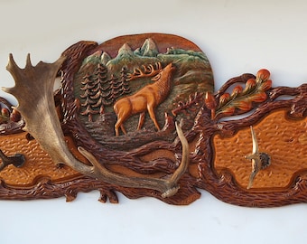 Wall art decoration panel hanger wood carving decor, Fallow deer's, antlers, roe deer horns Sculpture wood pine, landscape - Rila mountain.