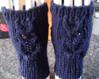 Ladies fingerless owl mittens / arm warmers French Navy