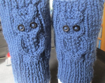 Ladies owl pattern fingerless mittens mid blue