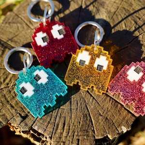 Pacman Ghost Pet ID Tag, Personalized Acrylic Pet Charm, Laser Engraved Game Emoji