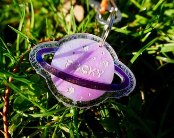 Saturn Planet Custom Pet ID Tag, Personalized, Engraved, Unique, Acrylic, Pet Charm, Handmade, Star