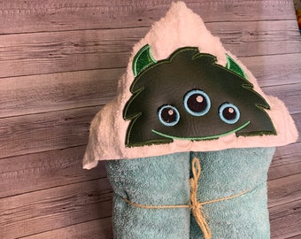 Adorable Hooded Child Bath Towel with Machine-Embroidered Designs, Hooded Machined Embroidered Green Monster Bath Towel