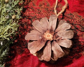 Giant Zinnia Pine Cone ornament, Giant pine cone flower  rustic pinecone ornament, natural essential oil diffuser upcycled witchy crafting