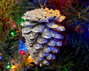Silver Pine Cone ornament, Silver pinecones, set of silver painted pine cones, glitter pine cone ornament, rustic silver holiday décor