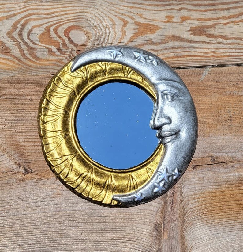 Sun and Moon mirror, Celestial crescent moon mirror, concrete mirror patio mirror art nouveau mirror Whimsical home decor image 9