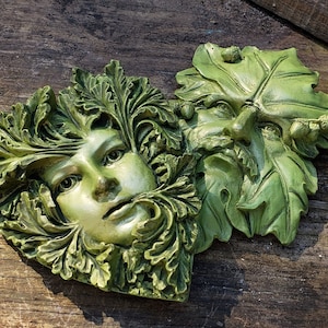 Green man wall hanging, green man wall statue, green man hanging mask, green man face set, cottagecore wall scupture