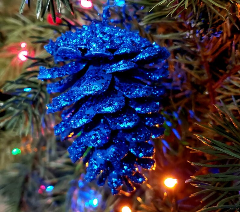 Blue Pine Cones Christmas Pine Cones Blue Glitter Ornament Etsy