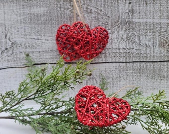 Red glitter Christmas glitter ornament SET OF 3 Holiday DIY, rattan hearts, wicker hearts diy cottagecore decor