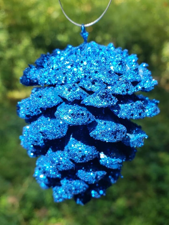 BEAUTIFUL GLASS BLUE PINECONE ORNAMENT w/SILVER SPARKLY GLITTER ACCENTS 5''X3. 
