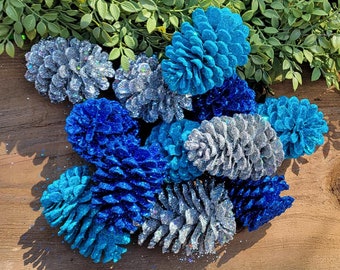 Hanukkah Glitter Pine Cones, winter pine cones 1 DOZEN Winter wedding DIY Hanukkah glitter pine cone blue glitter pine cone silver pine set
