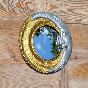 Sun and Moon mirror, Celestial crescent moon mirror, concrete mirror patio mirror art nouveau mirror Whimsical home decor image 7