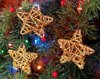Gold star ornament Christmas Gold glitter ornament glitter star Christmas ornament SET OF THREE rustic star ornament, wood star ornaments