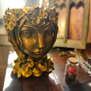 May include: A golden-colored planter shaped like a woman's face, adorned with floral details around the head and neck. The planter has a weathered, antique appearance. A small glass jar with a cork stopper is visible in the background.