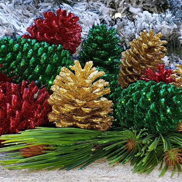 Glitter Pine Cones, Christmas pine cones 1 DOZEN Winter wedding DIY Christmas glitter pine cone red glitter pine cone