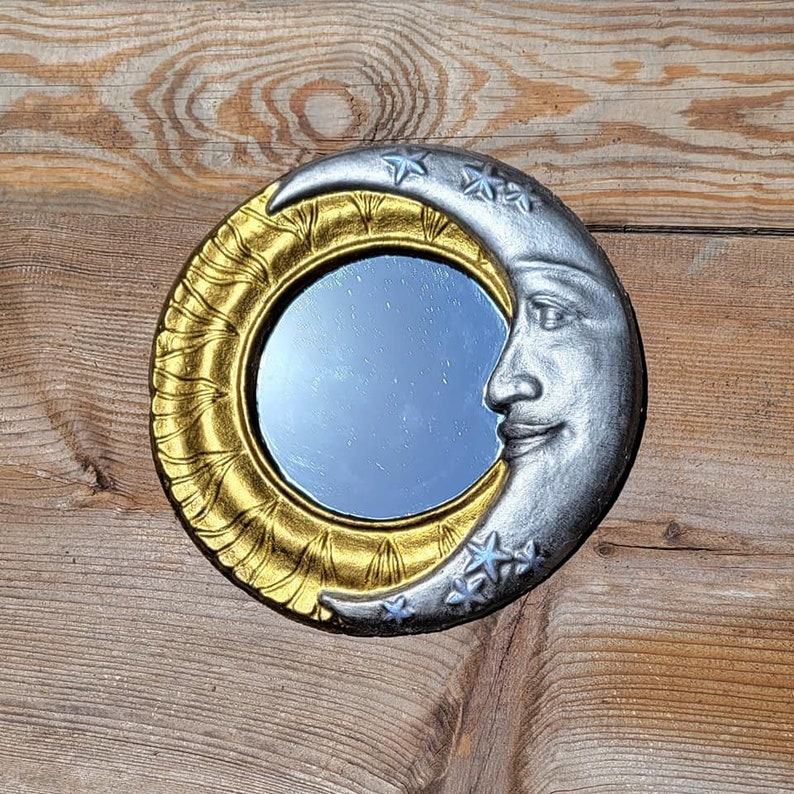 Sun and Moon mirror, Celestial crescent moon mirror, concrete mirror patio mirror art nouveau mirror Whimsical home decor image 3