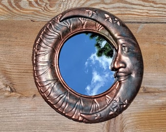 Hand Cast Celestial Sun and Moon Mirror, Concrete Patio Decor (9.5 inch) Whimsical home decor