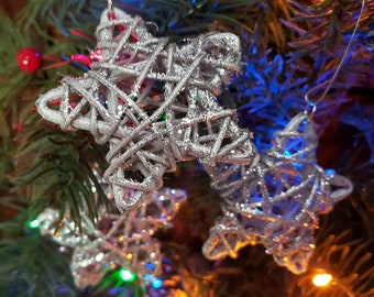 Silver star ornament Christmas Silver glitter ornament glitter star Christmas ornament SET OF THREE rustic star ornament, wood star ornament