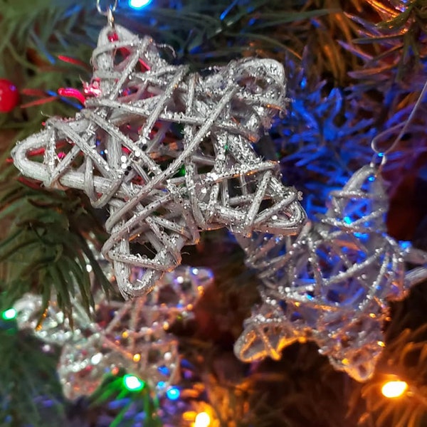 Silver star ornament Christmas Silver glitter ornament glitter star Christmas ornament SET OF THREE rustic star ornament, wood star ornament