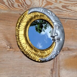 Sun and Moon mirror, Celestial crescent moon mirror, concrete mirror patio mirror art nouveau mirror Whimsical home decor image 4