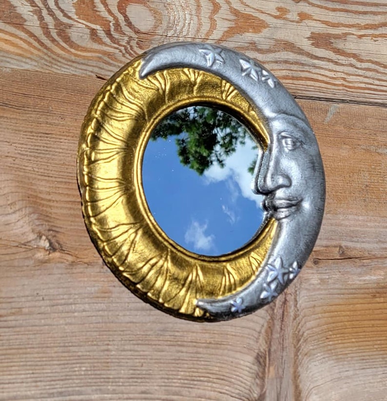 Sun and Moon mirror, Celestial crescent moon mirror, concrete mirror patio mirror art nouveau mirror Whimsical home decor image 4
