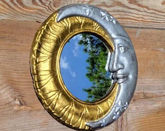 Spiegel Sonne und Mond, himmlischer Spiegel, Beton Spiegel, Terrasse Spiegel, Jugendstil Spiegel, Wandschmuck, Mid Century Modern