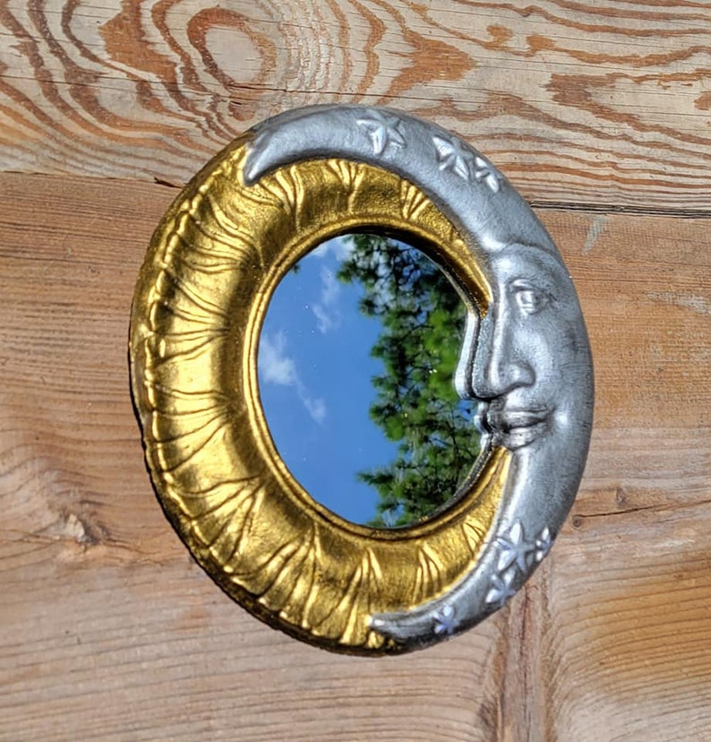 Sun and Moon mirror, Celestial crescent moon mirror, concrete mirror patio mirror art nouveau mirror Whimsical home decor image 1