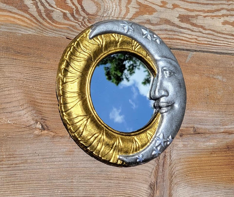 Sun and Moon mirror, Celestial crescent moon mirror, concrete mirror patio mirror art nouveau mirror Whimsical home decor image 2