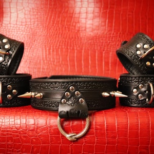 May include: Black leather collar and cuffs with silver hardware and studs. The collar has a decorative ring on the front.