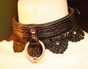 Leather and Lace BDSM Collar, Filigree  Pattern, Slave Collar, Submissive Collar, Bondage Collar, Fetish Collar, BDSM Gear, Kink, Mature