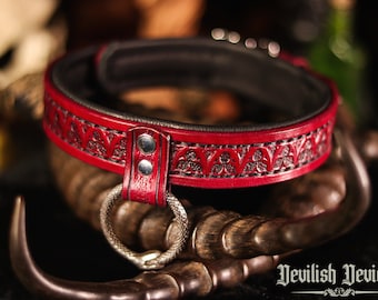 Leather BDSM Play Collar, Triquetra, Ouroboros Ring, Submissive, Slave Collar, Pet Play, Bondage, Protection Collar, Mature, Locking Collar