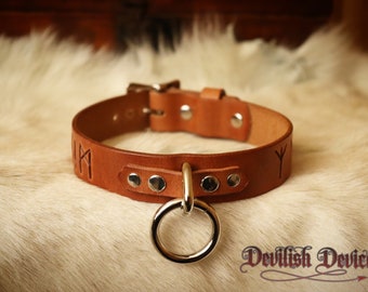 BDSM Leather Day Collar With Viking Runes, Elder Futhark, Submissive Collar, Viking Jewelry, Mature, Norse Collar, Viking Accessories