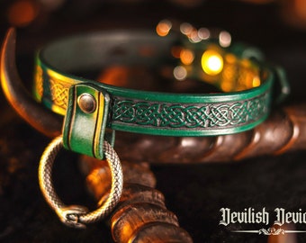 Leather BDSM Collar with Celtic Knot design and Ouroboros Drop Ring/ Slave Collar, Submissive Collar, Bondage Collar, Mature