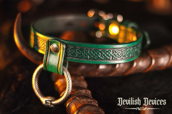 Leather BDSM Collar with Celtic Knot design and Ouroboros Drop Ring/ Slave Collar, Submissive Collar, Bondage Collar, Mature
