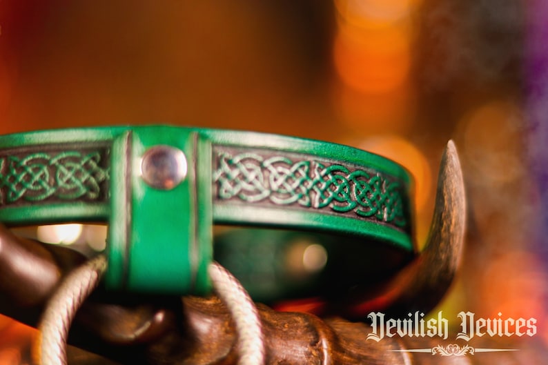 K&ouml;nnte beinhalten: Ein gr&uuml;nes Lederhalsband mit einem keltischen Knotendesign und einer silbernen Metallschnalle. Das Halsband liegt auf einer Holzoberfl&auml;che.