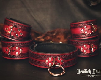 Leather BDSM Collar and Cuff Set/Submissive Collar/Bondage Cuffs/Slave Collar/Slave Cuffs/ Bondage Set/ Slave Set/BDSM Gear/Mature