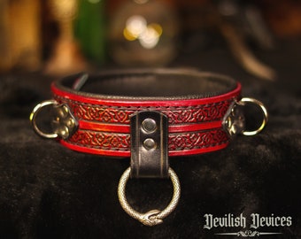 BDSM Leather Collar With Ouroboros Drop Ring, BDSM Slave Collar, Bondage Collar,  Submissive Collar, Filigree, Sub Collar, Pet Play, Mature